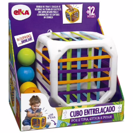 Cubo Entrelaçado, Elka, Cubo Branco com elásticos coloridos/bolinhas amarela, azul, laranja, verde