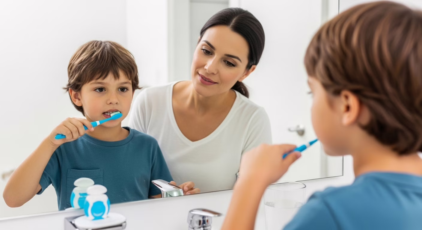 Criança sorrindo enquanto escova os dentes com supervisão dos pais