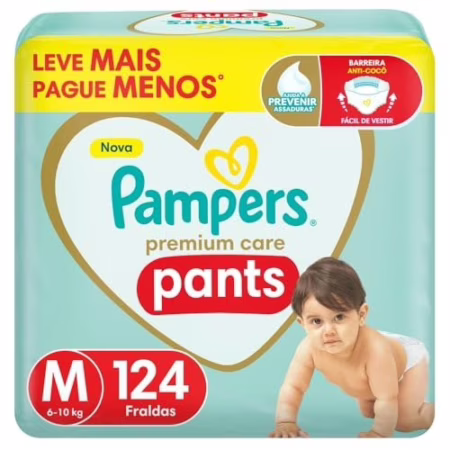 🛍️Fralda Pampers Premium Care Pants Tamanho M, Fácil de Vestir, 124 Unidades
