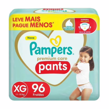 Fralda Pampers Premium Care Pants Tamanho XG, Fácil de Vestir, 96 Unidades