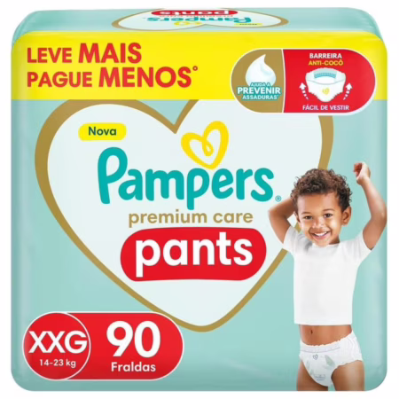 Fralda Pampers Premium Care Pants Tamanho XXG, Fácil de Vestir, 90 Unidades