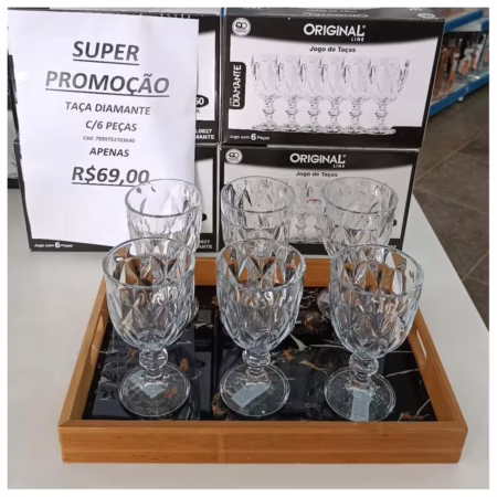 Jogo 6 Taças de Cristal 340ml Diamond Transparente Lapidado Vitrex
