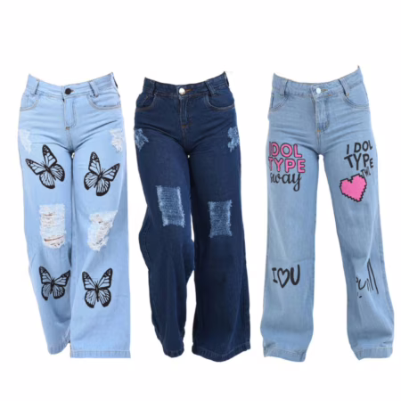 Kit 3 Calças Jeans Menina Wide Leg Infantil e Juvenil