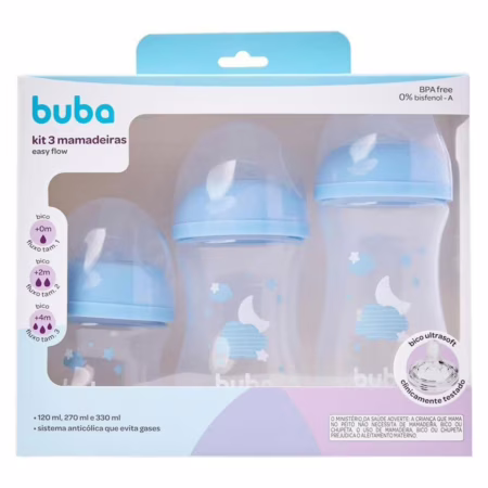 Kit 3 Mamadeiras Easy Flow Nuvem Buba 120, 270 e 330ml - Azul
