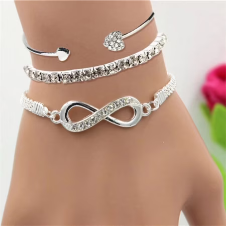 Kit 3 Pulseiras Strass Bracelete de Coração e Pulseira Infinito Feminino Prata 925 E Banhada a 18k