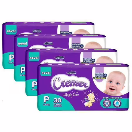 Kit  4 Fralda Cremer Magic Care Tamanho P Pacote Jumbo 30 Unidades Descartáveis