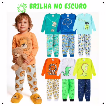 Kit 4 Peças Pijama Brilha no Escuro  Sortido Infantil Menino Inverno Roupa Infantil Masculina