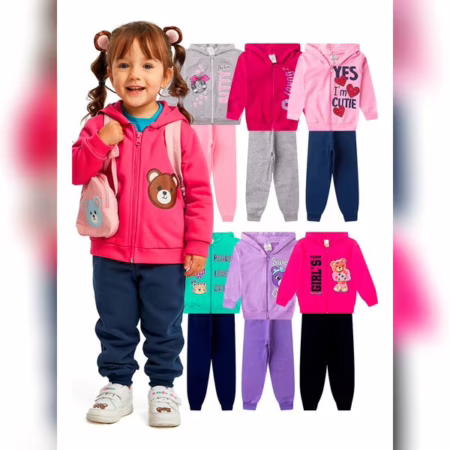 Kit 4 Peças Roupa Infantil Capuz E Zíper Menina Moletom