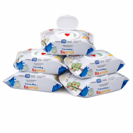 Kit 5 Toalhas Umedecidas Turminha da Bagunça 120 Folhas com Tampa