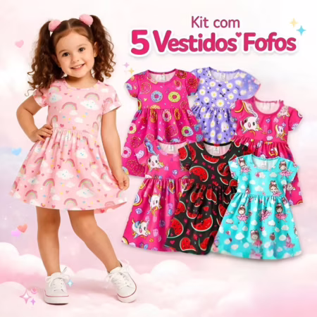 Kit 5 Vestidos Infantil Verão Conforto Menina Algodão Leve