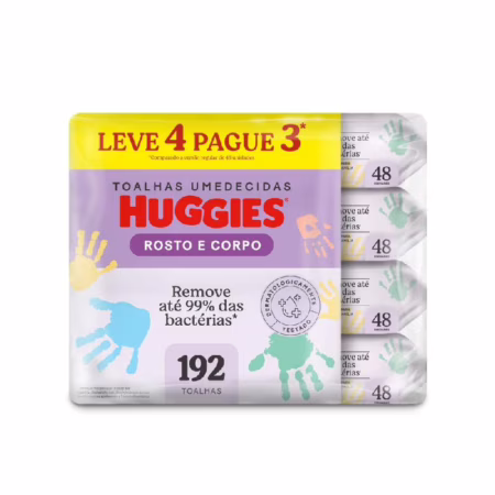 Kit Lenço Umedecido Infantil Huggies Rosto e Corpo 4 Pacotes com 48 Unidades