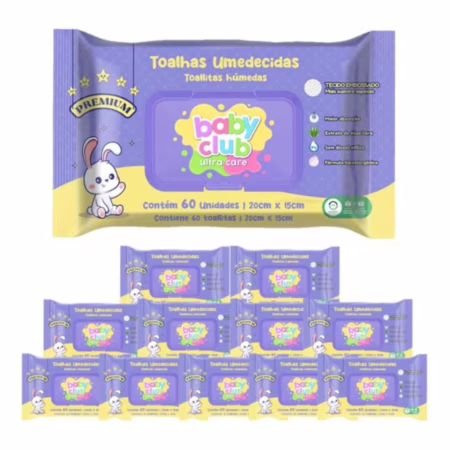 Kit Lenços Umedecidos 12 Pacotes Premium 60fls Baby Club