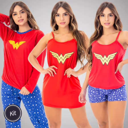 Kit Linha Noite Estampado Short Doll Alcinha Camisola Curta Modal Pijama Longo Inverno Moda Feminina 369