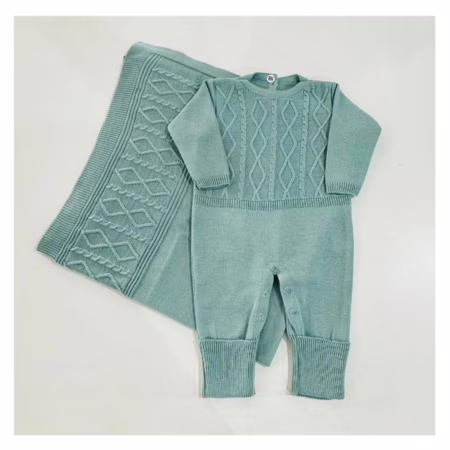 Kit Macacão e Manta Saída Maternidade Trança de Tricô Bebê Reborn RN Roupinha de Bebe