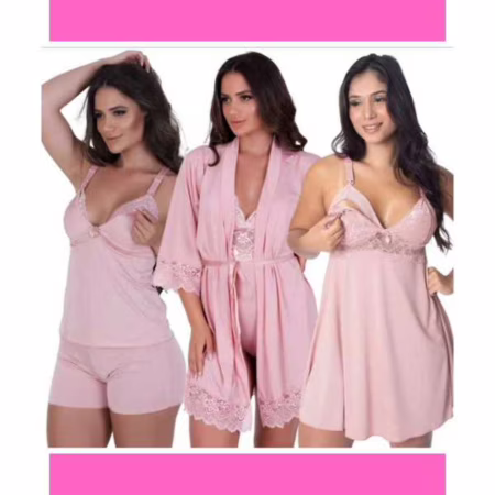 🧡 Kit Maternidade Premium 3 peças Robe Seda + Camisola Amamentação + Baby Doll Amamentação Pós Parto