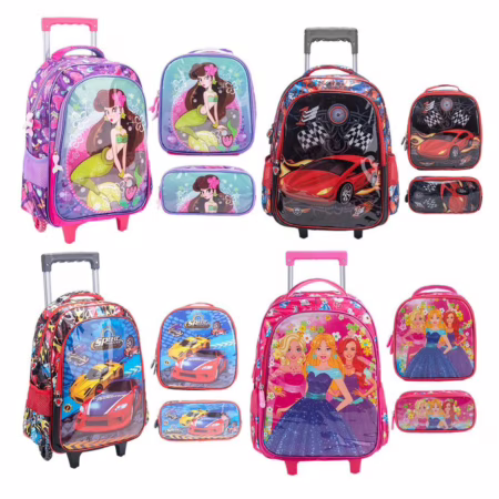 Kit Mochila Escolar Infantil de Rodinhas Menina Menino Bolsa Resistente Impermeável Com Lancheira e