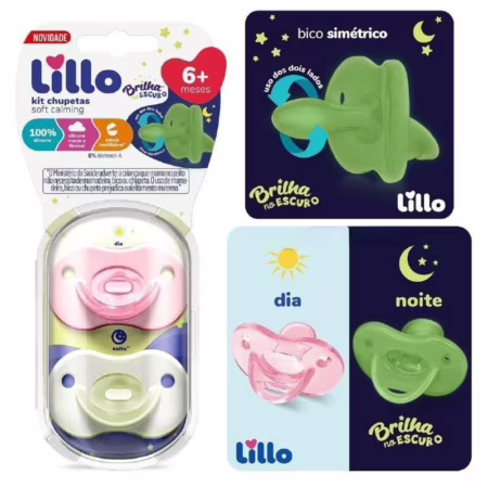 Lillo Kit De Chupeta 100% Silicone Brilha No Escuro Bico Simétrico 6+ Meses