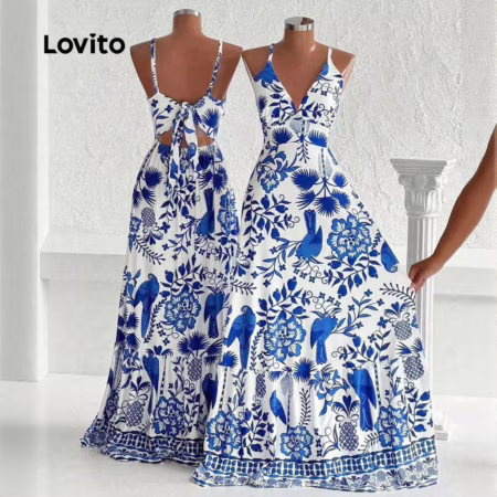 Lovito Vestido de Festa Boho Estilo Resort Primavera/Verão Azul Branco LK2LD367