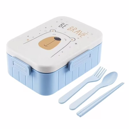 Marmita Lancheira Pote Infantil Com Tampa Divisória Marmiteira Escola Creche Passeio Lanche Fruta Bento Box 1.2 Litros Hermética Com Talheres (Urso Az...