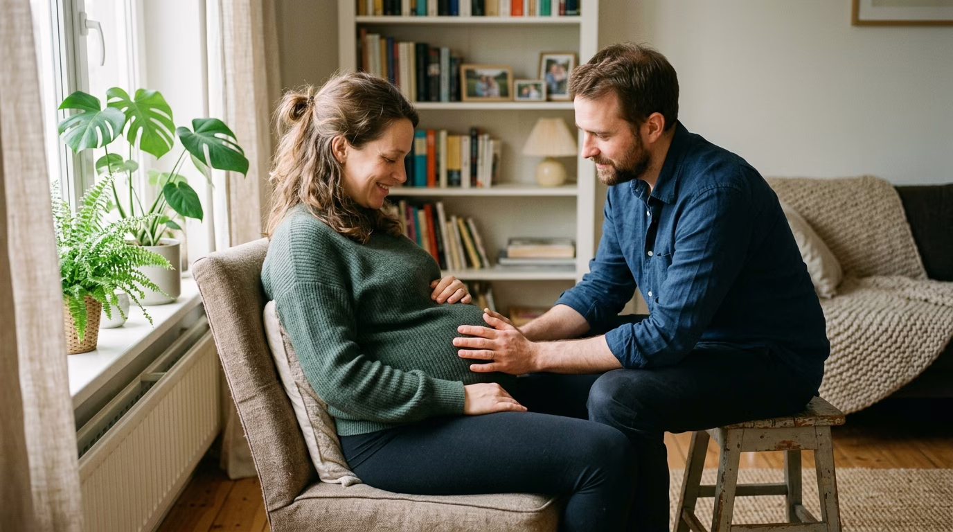 Casal grávido abraçado com barriga visível, sorrindo e demonstrando afeto