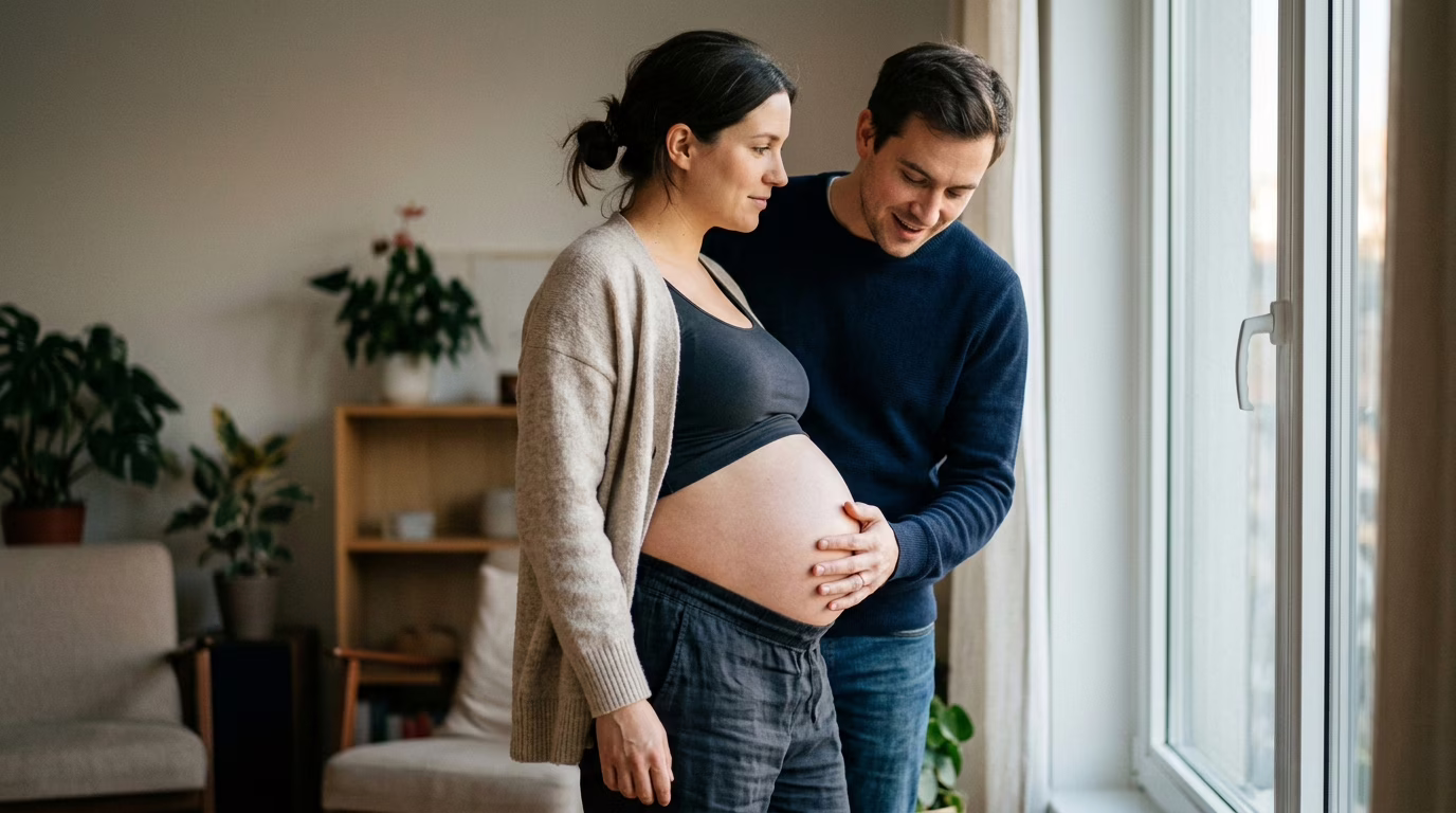 Pai colocando a mão na barriga da gestante em um momento íntimo e protetor