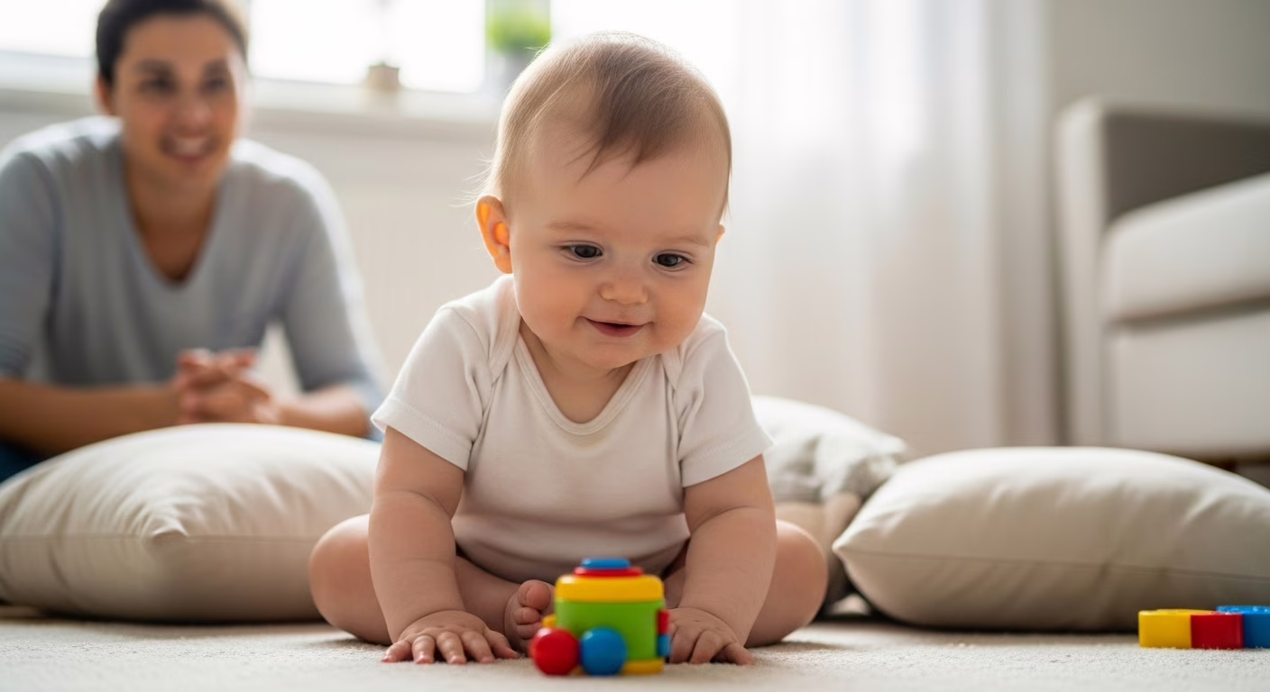 Bebê sentado sozinho no chão, sorrindo e brincando com um brinquedo colorido