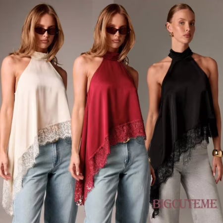 [] Regatas Femininas De Cetim Com Gola Halter , Verão , Sem Mangas , Costas Abertas , Bainha De Renda Irregular