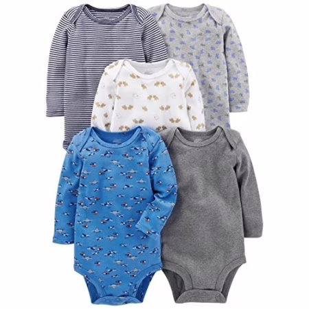 🛍️Simple Joys by Carter's Body de manga comprida para bebês e meninos, pacote com 5 unidades de bodies, Azul/cinza/branco, 3-6 Months