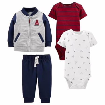Simple Joys by Carter's Conjunto de 4 peças, jaqueta, calça e body para bebês meninos, Cinza/azul marinho/listras vermelhas/esportes brancos, 6-9 Meses