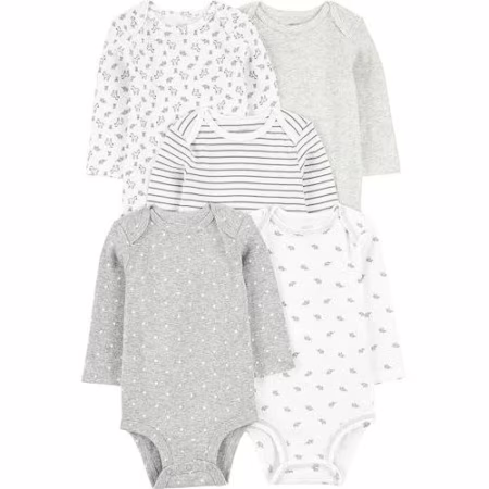 🚨 Simple Joys by Carter's Pacote com 5 bodies unissex de manga comprida, Cinza/branco, 24 Meses