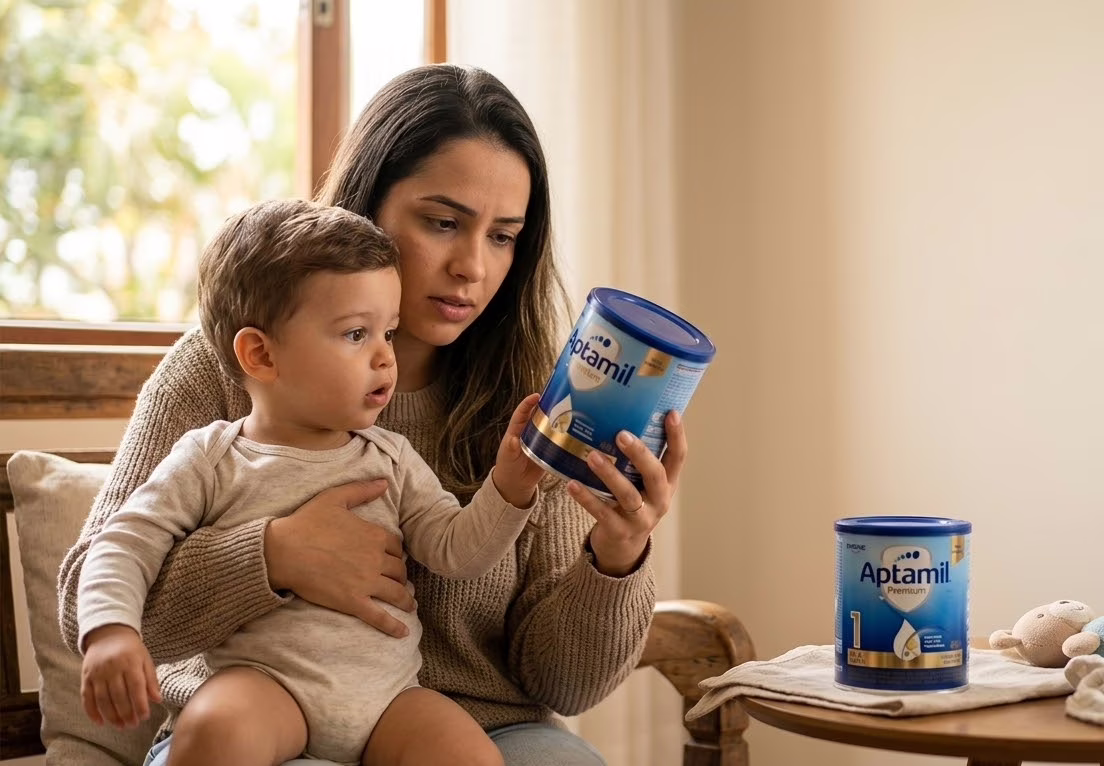 Mãe com expressão de preocupação segurando criança pequena ao lado de uma lata de fórmula infantil Aptanutri Premium 1 após alerta da Anvisa sobre suspensão de lotes