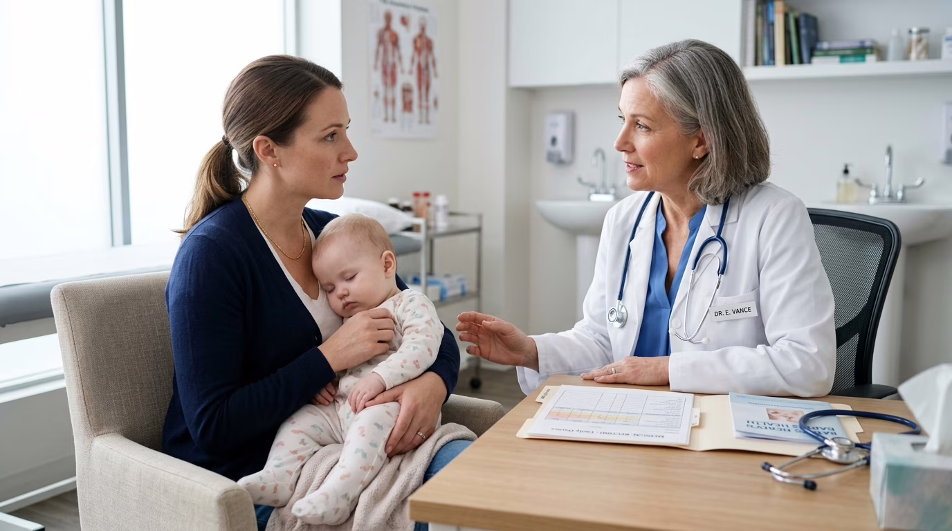 Mãe segurando bebê no colo durante consulta médica de vacinação, com pediatra ao fundo