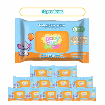 12 Pacotes Toalha Umedecida Tradicional 70 Fls Baby Club