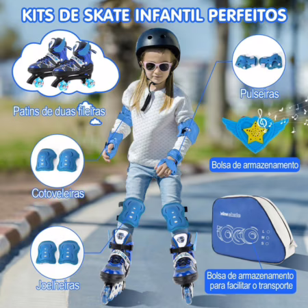 2 Em1 Patins Infantil Ajustável, Patins 4 Rodas, Patins Quad, Patins Infantil Menina, Ajustável com Bolsa e Kit Proteção, Para meninas, meninos e iniciante (Azul）M (33-37))