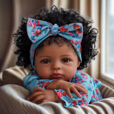 Bebê Reborn Silicone Boneca Menina Preto Realista Olhos Castanhos 55cm Pode Dar Banho (Cabelo Cacheado)