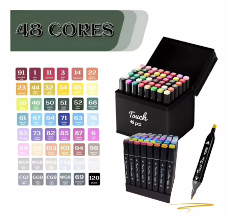 🚨 Conjunto 48 Cores Canetas Marcador Ponta Dupla Permanente Preto