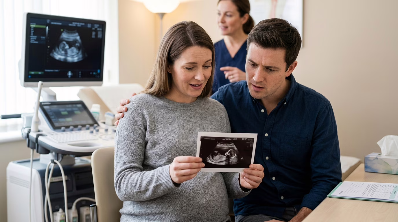 Mão apontando para imagem de ultrassom fetal na tela, mostrando um bebê em desenvolvimento dentro do útero.