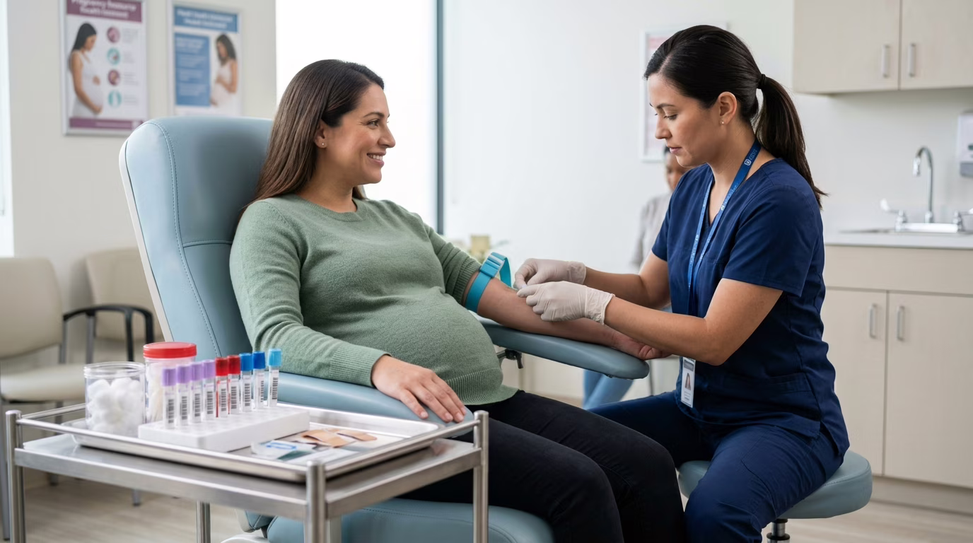 Gestante sorrindo enquanto segura um laudo de exames de sangue, representando o cuidado pré-natal
