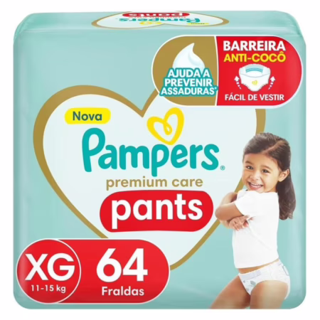 Fralda Pampers Premium Care Pants Tamanho XG, Fácil de Vestir, 64 Unidades