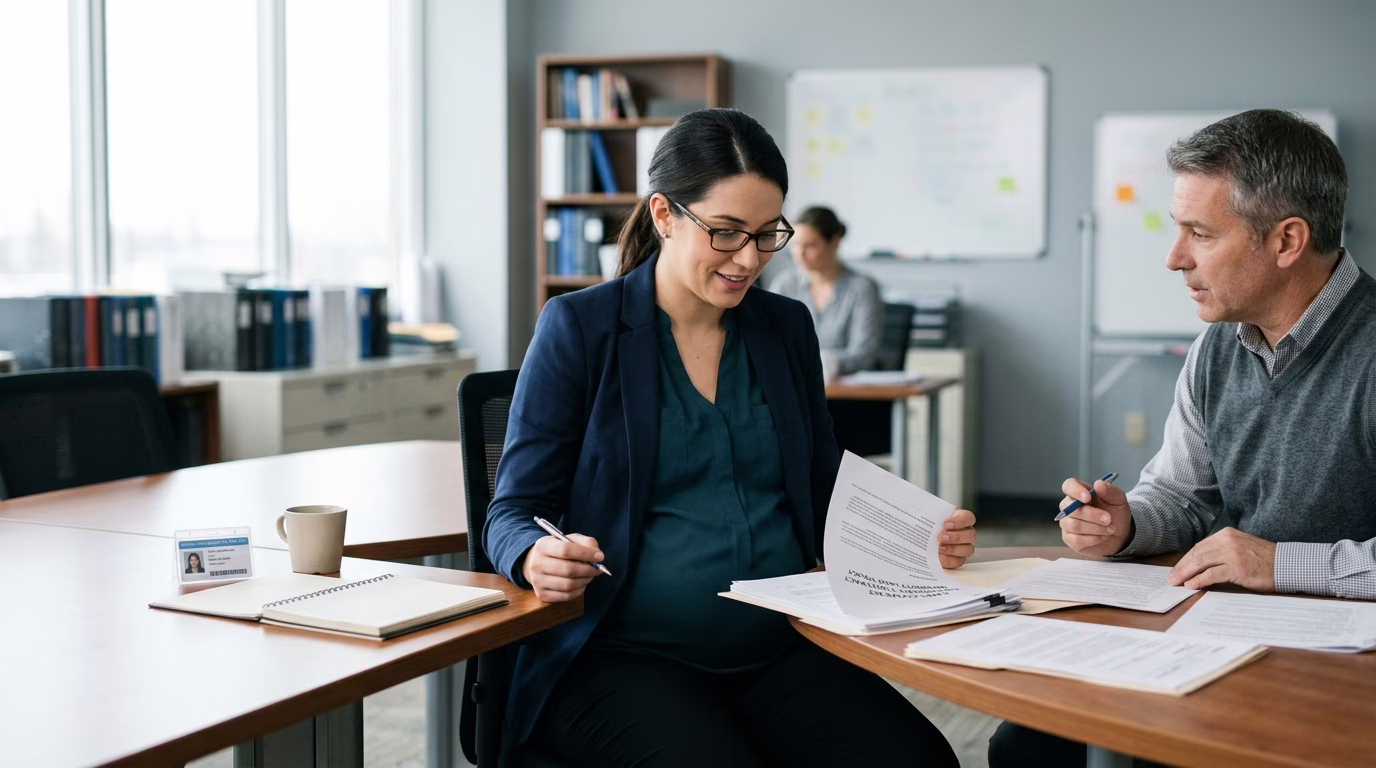 Mulher grávida em traje de trabalho sorrindo, representando gestante no ambiente corporativo