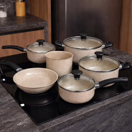 Jogo De Panelas 8 Peças Teflon Antiaderente C Tampa De Vidro Cor Ceramic