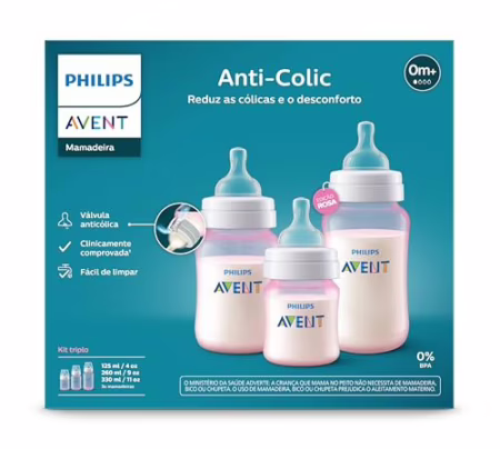 Kit 3 mamadeiras Philips Avent Anti-colic 125, 260 e 330ml -  Rosa