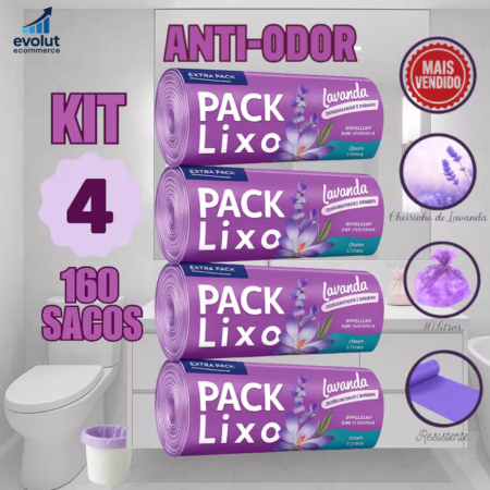 Kit com 4 Rolos de Sacos de Lixo Perfumados Lavanda, 10L - 160 Unidades