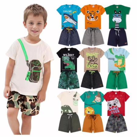 Kit Sortido 2 ou 8 Peças de Roupas Infantil Menino- 4 Camisetas + 4 Bermudas - Kit 4 Conjuntos de Roupa Verão Masculino