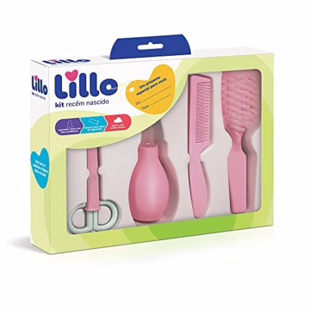 🛍️Lillo Kit De Higiene Para Recém Nascido com Aspirador Nasal, Tesoura, Pente e Escova de Cabelo, Rosa