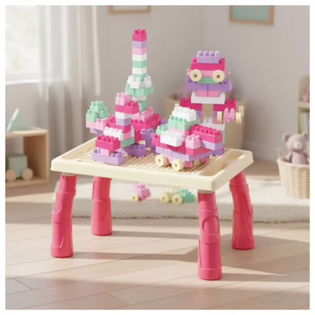 Mesa De Blocos Mesinha Atividades Infantil Didática 100peças Rosa