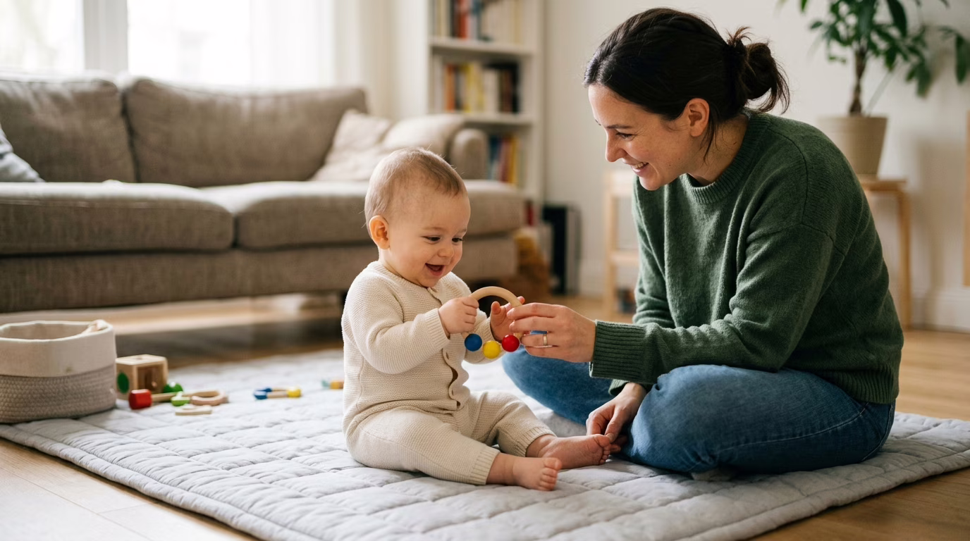 Mãe sorridente abraçando e olhando com carinho para seu bebê recém-nascido, em um ambiente aconchegante.
