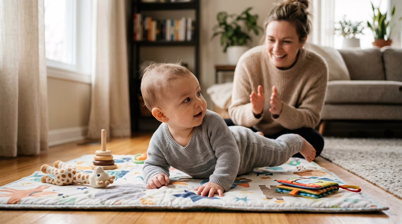 Bebê sorrindo de barriga para cima no tapete de atividades, prestes a rolar, com brinquedos coloridos ao redor