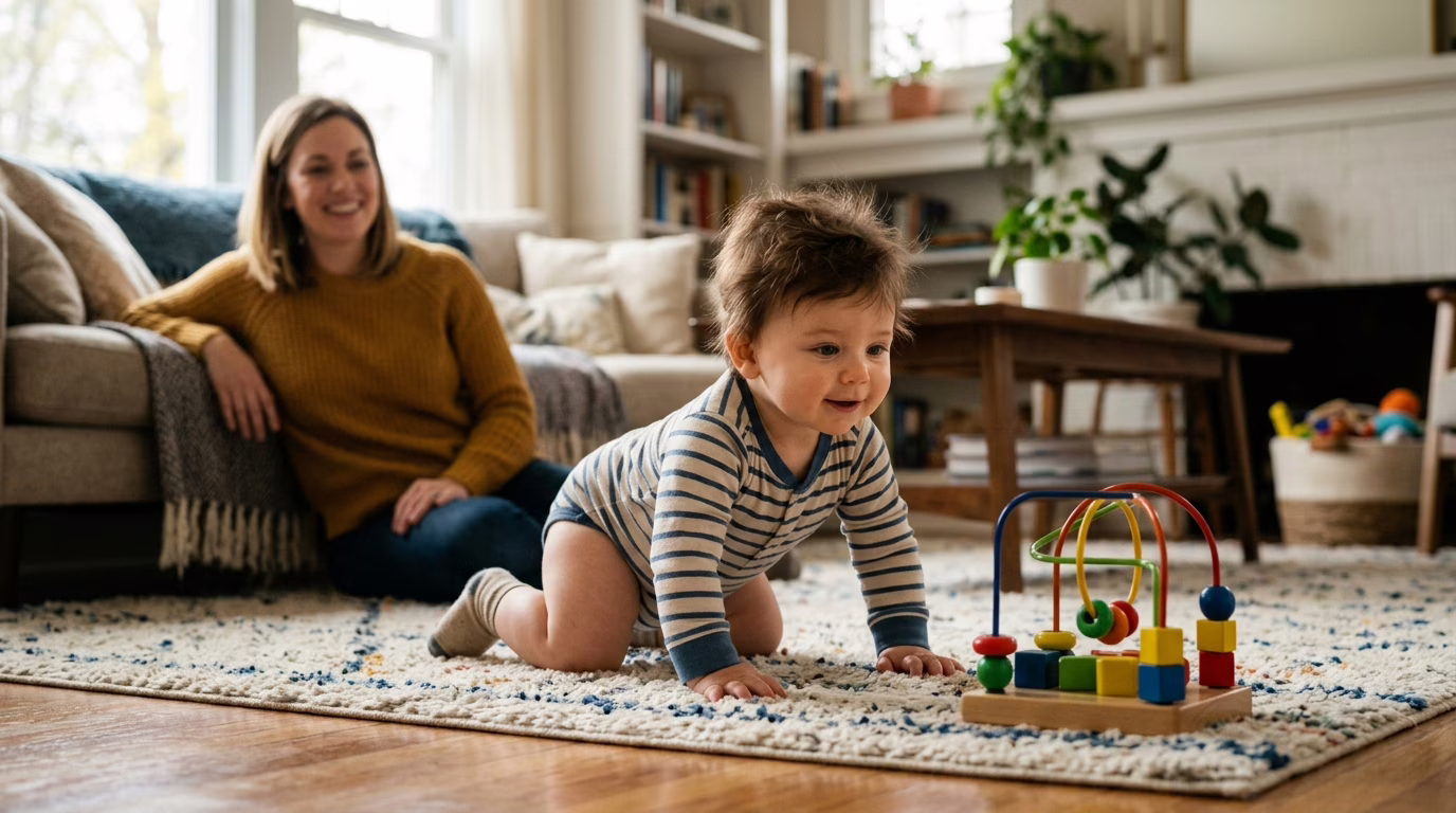Bebê engatinhando feliz no tapete de atividades