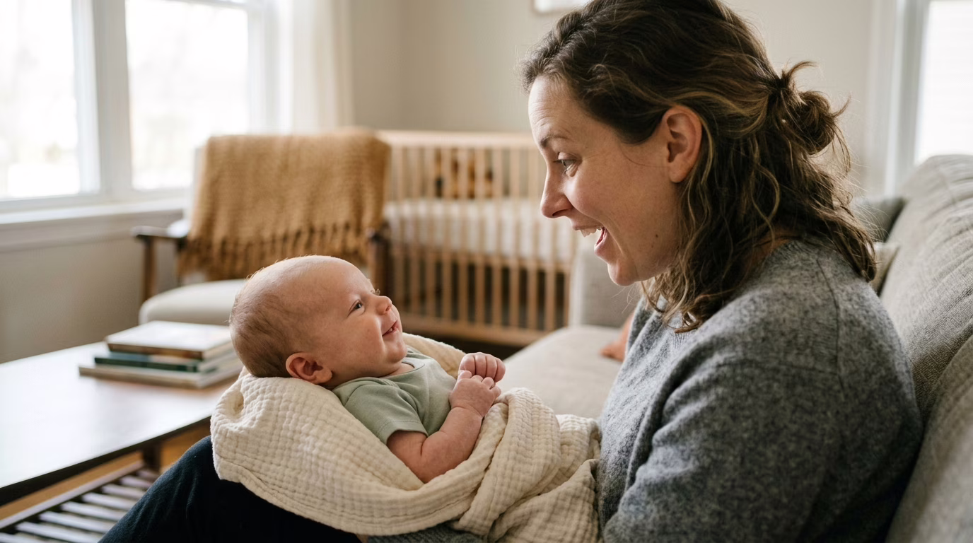 Bebê sorrindo para a mãe durante contato visual próximo